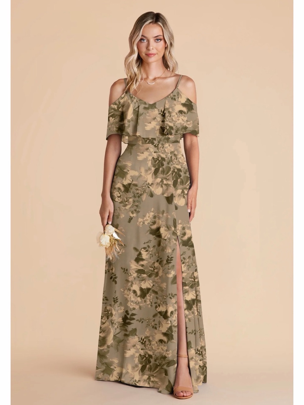 Olive Floral Cold-Shoulder Maxi Dress with Side Slit